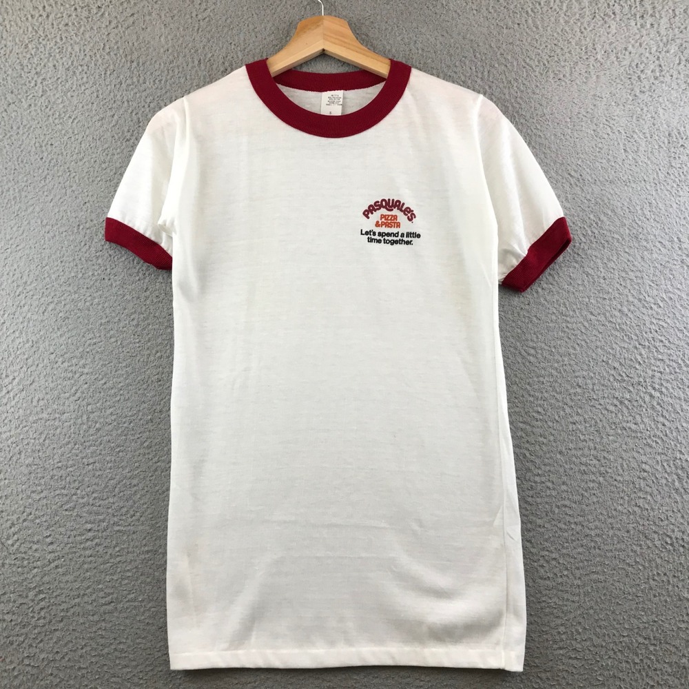 Vintage 80s Pasquales Pizza & Pasta Restaurant Promo Ringer T Shirt Mens Small